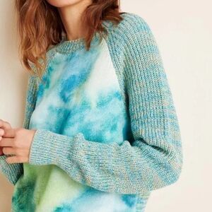 Anthropologie Giada Watercolor Knit Sweater Blue Green XS  Raglan Crewneck
